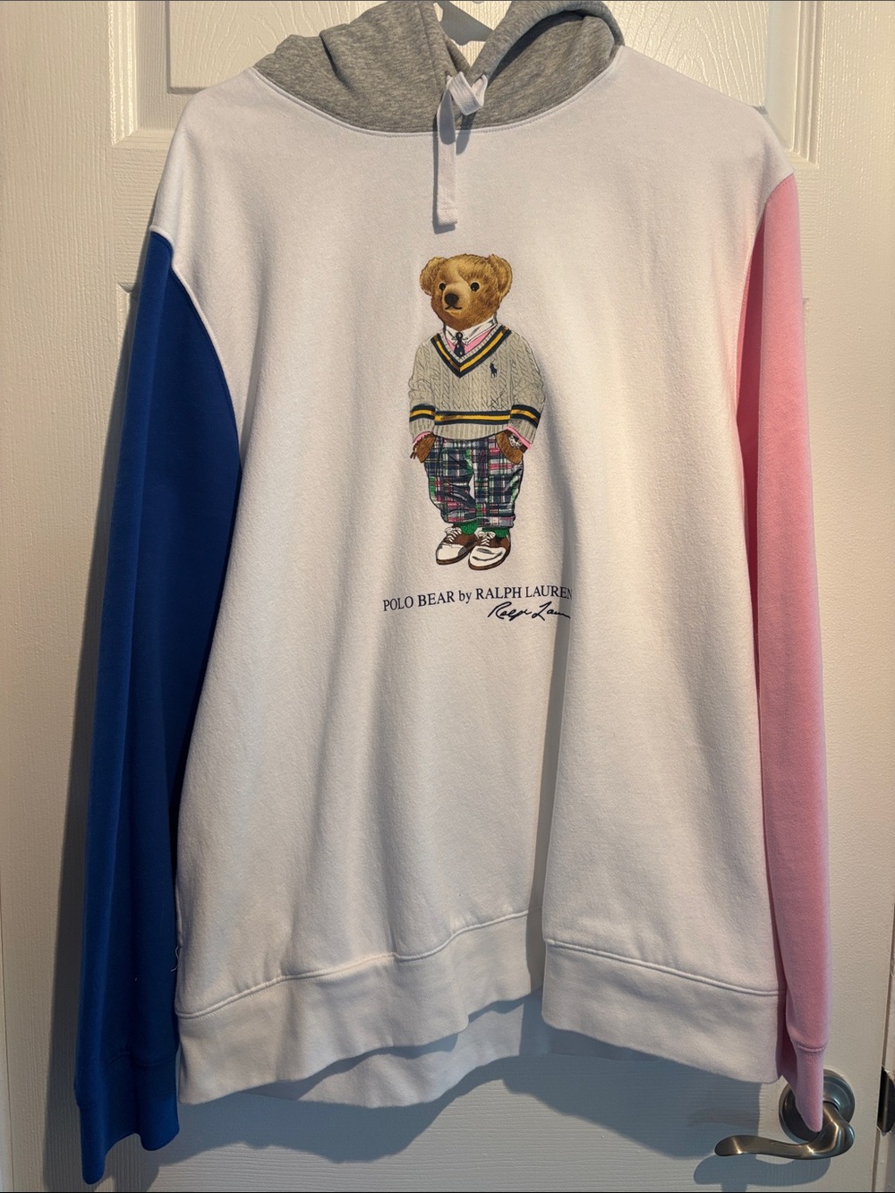 Polo Bear Colorblock Hoodie - White with Blue & Pink Sleeves